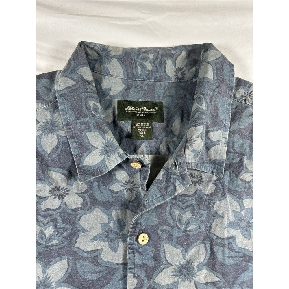 Eddie Bauer Button Up Mens TXL Grey Floral Tropical Short Sleeve Cotton Tall